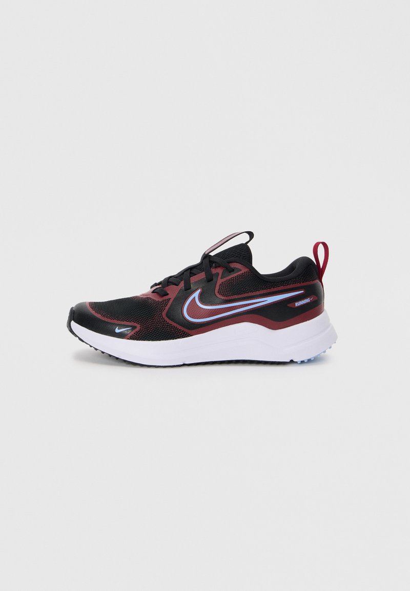 Black and red athletic shoe with a breathable mesh upper, white midsole, blue accents, and prominent Nike swoosh logo.