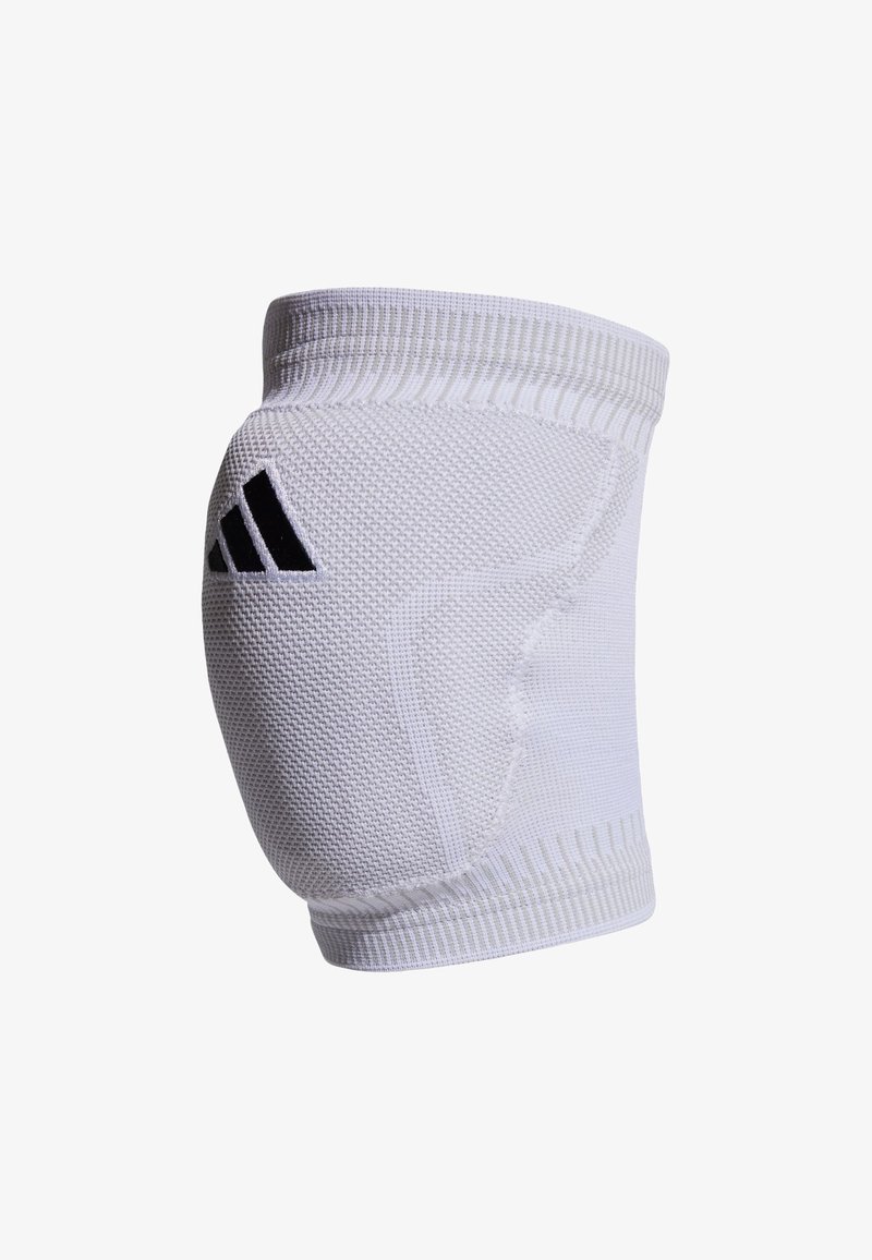 Witte kniebeschermers met een textuurdesign. Voorzien van geribde manchetten en zwarte drie-strepen branding. Ideaal voor sport en fysieke activiteiten.