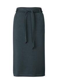 Tmavě zelená midi sukně vyrobená z měkké tkaniny, s páskem na zavázání, elastickým pasem a jednoduchým, rovným střihem.
