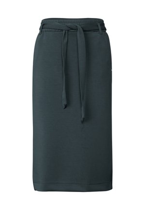 Tmavě zelená midi sukně vyrobená z měkké tkaniny, s páskem na zavázání, elastickým pasem a jednoduchým, rovným střihem.