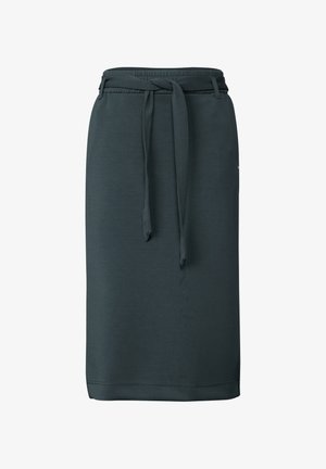 Dunkelgrüner Midirock aus weichem Stoff, mit einer Bindeband-Taillierung, elastischem Bund und einem schlichten, geraden Schnitt.