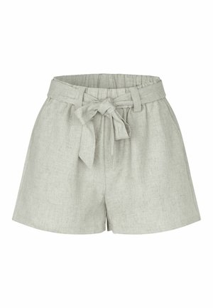 Lysegrå højtaljede linnedshorts med et stofbælte bundet i en sløjfe foran og elastik i taljen.