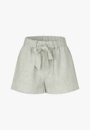 Lysegrå højtaljede linnedshorts med et stofbælte bundet i en sløjfe foran og elastik i taljen.