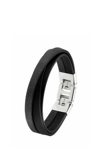 Bracciale in pelle nera con due bande lisce, dotato di una chiusura in metallo argentato e dettagli testurizzati per un tocco in più.
