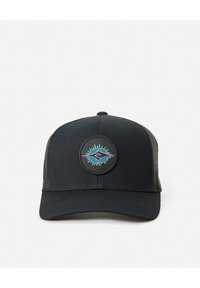 Black cap with a rounded bill and mesh back. Features a circular patch with a multicolored geometric design at the front.