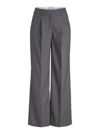 Pantalones de pierna ancha grises, hechos de una tela texturizada, con un frente plano con detalles de plisado y una cinturilla estándar, ideales para ropa formal.