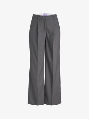 Pantalons larges gris en tissu texturé, avec un devant plat et des détails de plis, ainsi qu'une taille standard, idéaux pour une tenue formelle.