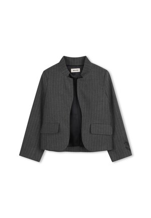 Blazer gris à rayures avec un design court, doté d'un col rond, de deux poches avant et d'un intérieur doublé.