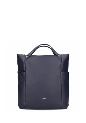 Borsa a mano blu scuro con doppie maniglie, tasche laterali e piccolo logo "zwei" centrato vicino al fondo.