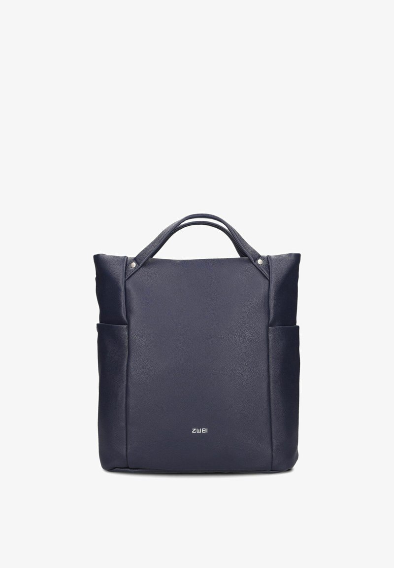 Sac fourre-tout bleu foncé avec doubles poignées, poches latérales et petit logo « zwei » centré près du bas.