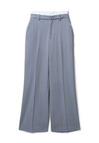 Pantaloni a gamba larga a righe grigie con una morbida vita elastica e tasche frontali, caratterizzati da una texture liscia e un silhouette sartoriale.