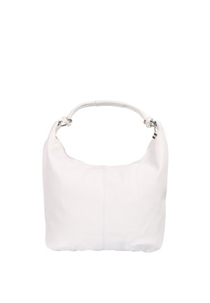 White leather hobo handbag with a single short handle and a small metal tag featuring Italy's flag colors.