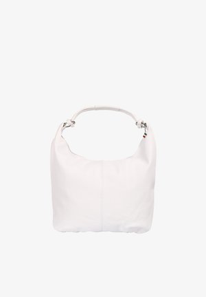 Witte leren hobo-handtas met een enkele korte handgreep en een klein metalen label met de kleuren van de Italiaanse vlag.