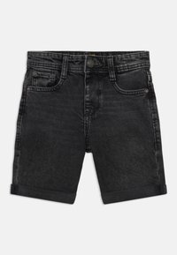 Svarta denimshorts med upprullade fållar, med fem fickor, metalldetaljer och en slät yta. Standardpassform.