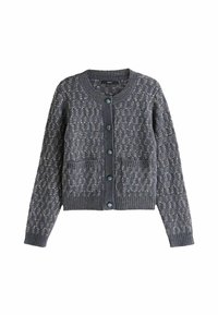 Grå stickad cardigan med ett texturerat mönster, rund halsringning, långa ärmar, framfickor och knäppningar i en matchande nyans.