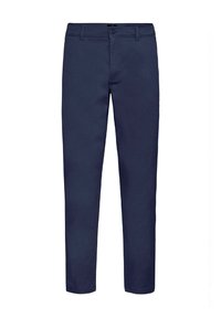 Pantalons en coton bleu marine avec une coupe droite, poches avant et fermeture à bouton. Texture lisse avec des détails de couture minimaux.