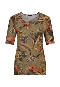 Bloemen top met korte mouwen in olijfgroen, voorzien van oranje en beige bloemen met getextureerde loofpatronen en een ronde halslijn.