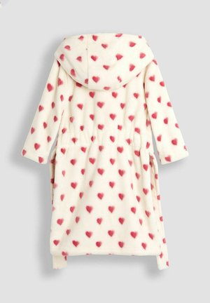 Kudede fliisist hommikumantel, kreemivärvi, kaunistatud hajusate roosade südame motiividega, pika varrukaga ja enda sidumisseotava vöödiga.