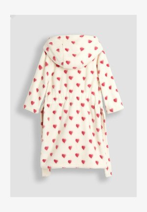 Flísová župan s kapucňou, krémovej farby, zdobený roztrúsenými ružovými srdiečkami, s dlhými rukávmi a opaskom na zaväzovanie.
