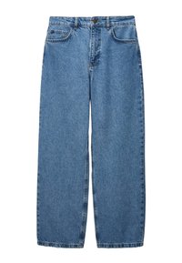 Jean en denim bleu clair à jambe large avec taille haute, doté de cinq poches et d'une fermeture à bouton à l'avant, texture lisse et couture propre.