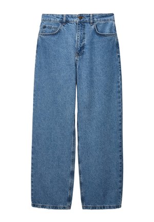 Jean en denim bleu clair à jambe large avec taille haute, doté de cinq poches et d'une fermeture à bouton à l'avant, texture lisse et couture propre.