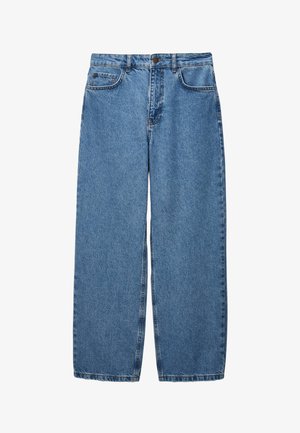 Jean en denim bleu clair à jambe large avec taille haute, doté de cinq poches et d'une fermeture à bouton à l'avant, texture lisse et couture propre.