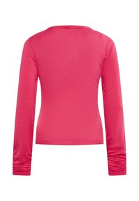 Bluză cu mânecă lungă de culoare roz vibrant, realizată dintr-un material jersey ușor, cu un design ajustat și detalii pliate la capetele mânecilor.