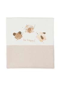 Manta de algodón con la mitad superior en crema que muestra tres animales de dibujos animados y el texto "¡sé feliz!" sobre una suave mitad inferior de color beige.