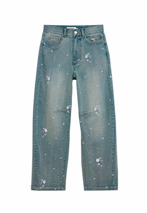 Jean en denim bleu avec broderie florale, petits points blancs, poche zippée sur le devant droit, et design classique à cinq poches.