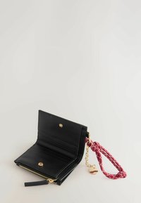 Black leather wallet with gold hardware. Features a zippered compartment, card slots, and a red rope wrist strap with a charm.