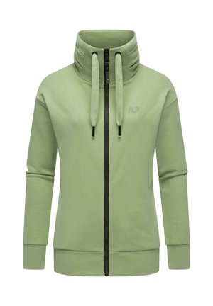 Light green zip-up hoodie made of soft fabric. Features a high collar, adjustable drawstrings, and black zipper. Ribbed cuffs and hem.