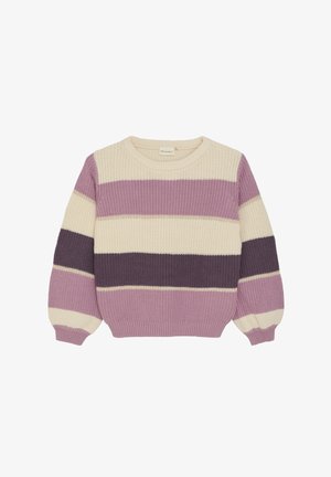 Strickpullover mit horizontalen Streifen in Lavendel, Creme und dunkelviolett. Rundhalsausschnitt und leicht gepuffte Ärmel. Weiche Textur.