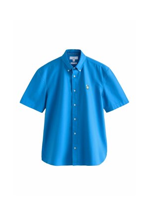 Blå kortærmet skjorte med knapper med en lille broderet gul drik med lime på venstre bryst, bomuldsstof.