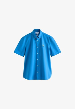 Cămașă albastră cu mâneci scurte și nasturi, cu o mică băutură galbenă brodată cu lime pe pieptul stâng, țesătură de bumbac.