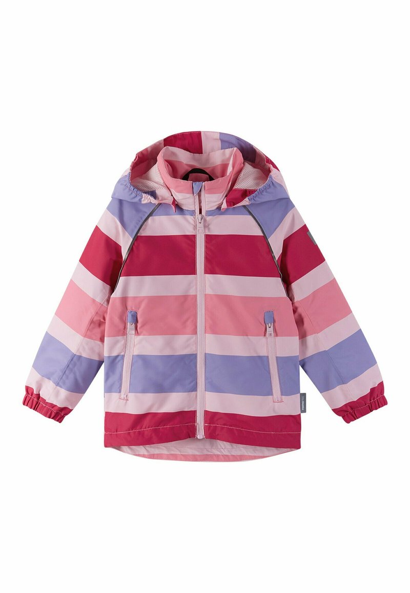 Veste imperméable à rayures verticales roses, violettes et rouges. Elle est dotée d'une capuche, de poches zippées, de poignets élastiques et d'une finition durable.