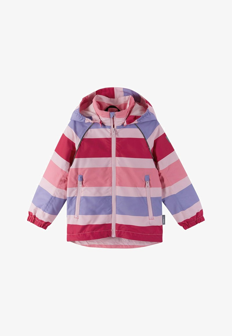 Vandtæt jakke i pink, lilla og røde lodrette striber. Har hætte, lynlås-lommer, elastiske manchetter og en holdbar finish.