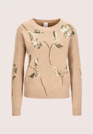 Beige knit sweater with long sleeves, round neckline, and gold sequin floral embroidery on front and sleeves.