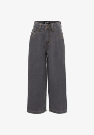 Szare szerokie dżinsy z guzikami i suwakiem, z podwójnymi przednimi kieszeniami i kontrastującymi przeszyciami. Wykonane z denimu.