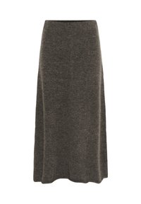 Fustă din lână, maro, cu lungime până la genunchi, ușor evazată și cu un design simplu, fără cusături, pe un fond alb.