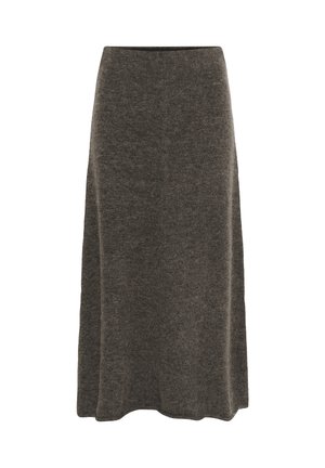 Brown knee-length woolen skirt with a slight flare and a plain, seamless design on a white background.