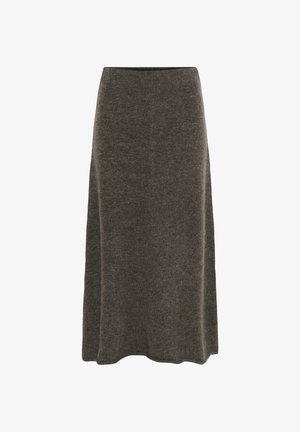 Brown knee-length woolen skirt with a slight flare and a plain, seamless design on a white background.
