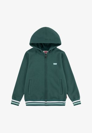 Felpa verde con zip realizzata in materiale morbido. Caratterizzata da un cappuccio, due tasche laterali e accenti a righe bianche e blu sui polsini e sull'orlo.