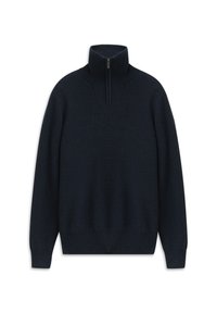Marineblaue Zip-Up-Strickjacke aus strukturiertem Material mit hohem Kragen und gerippten Bündchen. Auffälliges quadratisches Musterdetail auf der Brust.
