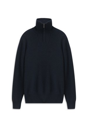 Marineblaue Zip-Up-Strickjacke aus strukturiertem Material mit hohem Kragen und gerippten Bündchen. Auffälliges quadratisches Musterdetail auf der Brust.