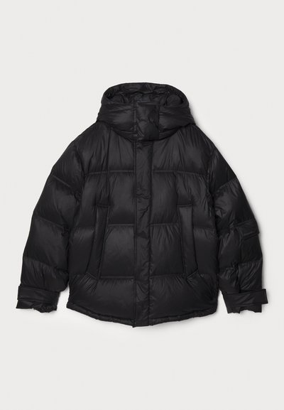 Black puffer jacket with a hood, featuring a quilted design and multiple large front pockets. The fabric appears smooth and shiny.