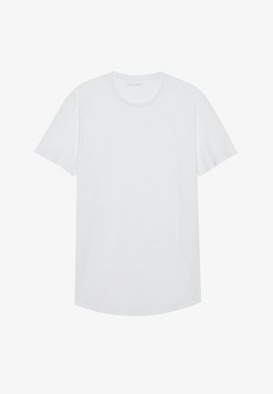 T-shirt branca de mangas curtas feita de algodão suave. Decote redondo, corte reto, tecido leve e design sem costuras, sem estampas ou detalhes.