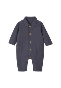 Dark gray baby romper with long sleeves, collar, front wooden buttons, and two front pockets, laid flat on white background.
