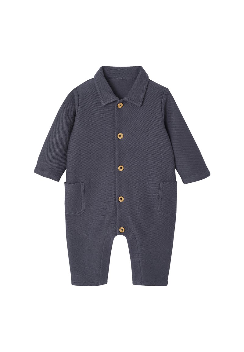 Dark gray baby romper with long sleeves, collar, front wooden buttons, and two front pockets, laid flat on white background.