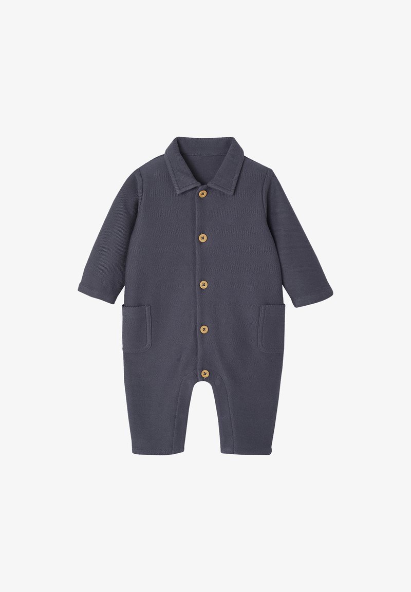 Dark gray baby romper with long sleeves, collar, front wooden buttons, and two front pockets, laid flat on white background.