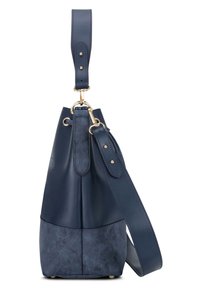 Kék bőrből és velúrból készült táskák, vödrös forma, arany hardverek, párnázott vállpánt és zsinóros záródás.